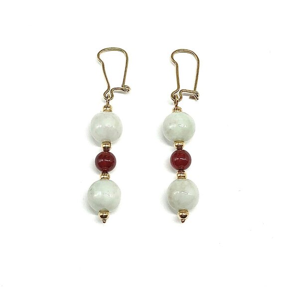 Elegant Vintage White Jade Carnelian 14k Gold Dangle Earrings - Picture 2 of 6